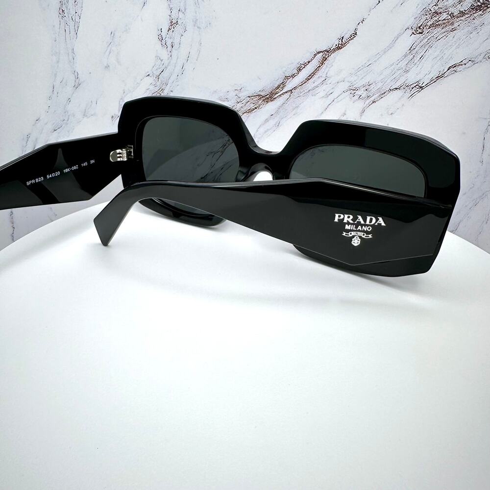 New PRADA Sunglasses Black Silver Symbole Logo Oversized Square Frame 54mm - Picture 14 of 16
